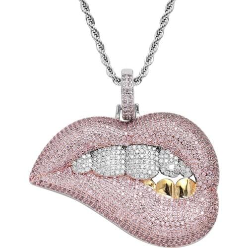 New Sexy Biting Lip Stainless Steel Pendant Twist Chain with Pink Zircon Necklace Hiphop for Men and Women 3mm x 60cm