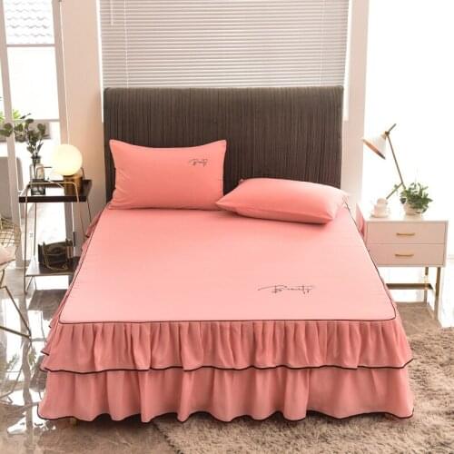 Cilected Solid Color Embroidery Double Ruffled Bed Skirt Bed Cover Nordic Ins Home Bedroom Bed Sheet Pillowcase Decoration