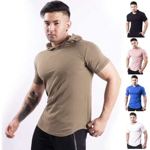 Wholesale Mens Fashion Summer Short Sleeve Hoodie T-Shirts Sweatshirt Tops Gym Sports Slim Fitness Hooded Sportswear Tees N66