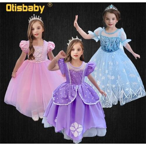 Summer Purple Girls Sofia Dress Halloween Princess Elsa Rapunzel Costume Infant Wedding Party Long Dresses Puff Sleeve Prom Gown