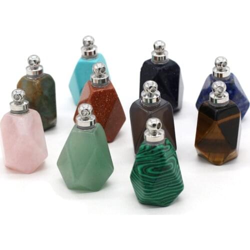 Natural Perfume Bottle Stone Pendant Necklace Polygonal Crystal Agates Essential Oil Diffuser Stone Charms For Jewelry Making