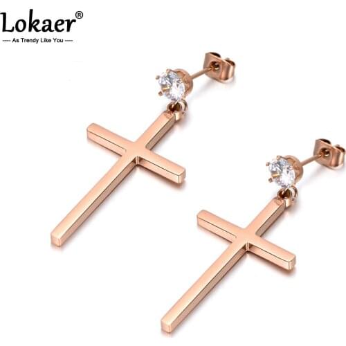 Lokaer Trendy Rose Gold CZ Crystal Corss Earrings Stainless Steel Rhinestone Stud Earrings Jewelry For Women Girls E18045