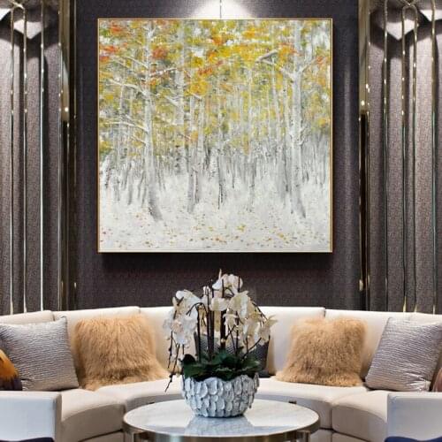 Modern Abstract Oil Painting Posters and Prints Wall Art Canvas Painting Birch Forest Pictures for Living Room Home Decoration