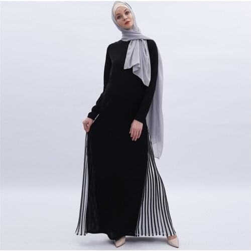 Middle East Crumpled Prong Horn Muslim Womens Long Dress Round Neck Full Length