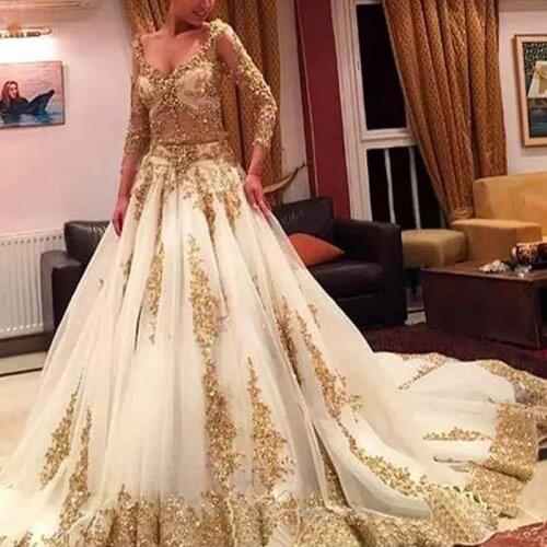 Vintage African Traditional Wedding Dresses Gold Applique Beaded Formal Long Sleeves Bridal Gowns Organza Sweep Train