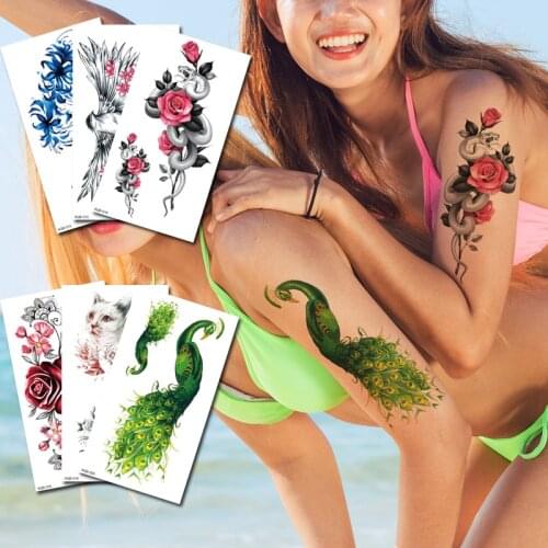 Temporary tattoo cute animal flower bird snake peacock tatoo stickers for girls women body art sexy tatoo watercolor fake tatoos