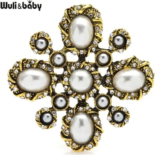 Wuli&baby Vintage Pearl Cross Brooches For Women Unisex 2-color Palace Style Flower Office Casual Brooch Pins Gifts