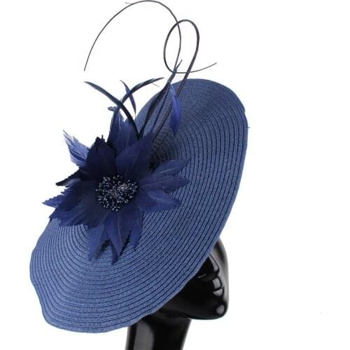 Kenducky Navy Fascinators Women Millinery Hats Elegant Ladies Hair Accessories Party Church Chapeau Feathers Flower Headpiece