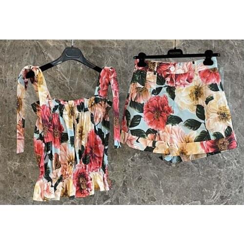 Summer 2021 Top Women Set Camellia Print Cotton Flower Shorts Holiday Casual Runway Sicily Blouses Neck Sleeveless Backless
