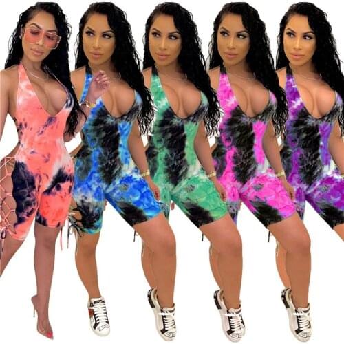 Sexy Tie Dye Printed Women Bodycon Jumpsuit Fashion Summer Sleeveless Deep V-neck Halter Playsuit Women Backless Skinny Romper