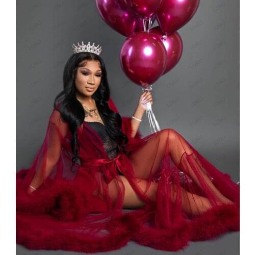 LO&LI Feather Robe Bathrobe For Wedding Nightwear Sleepwear Prom Gown Dresses Full Sleeves Women Long Robes