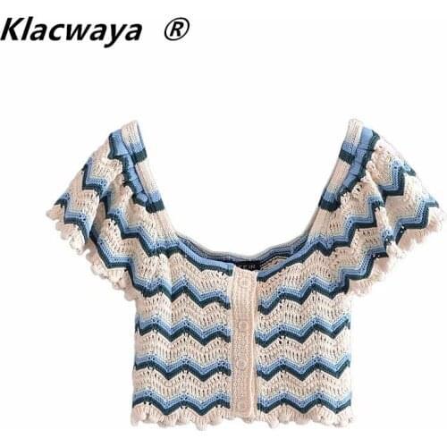 Klacwaya Women Color Matching Patchwork Hollow Out Crochet Short Knitting Sweater Ladies Casual Ruffles Crop Cardigans Tops