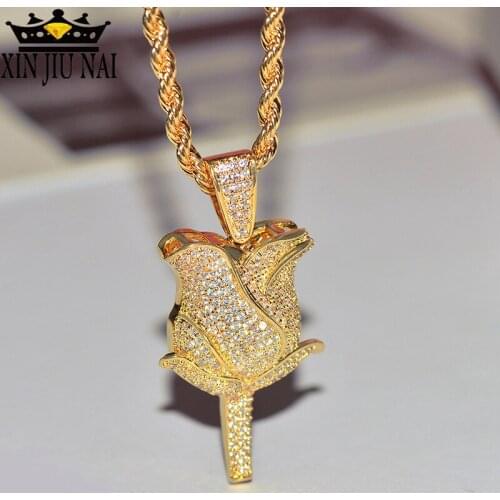 925 sterling silver tide brand rose shape pendant micro diamond studded hiphop 14K gold necklace female Valentines Day gift