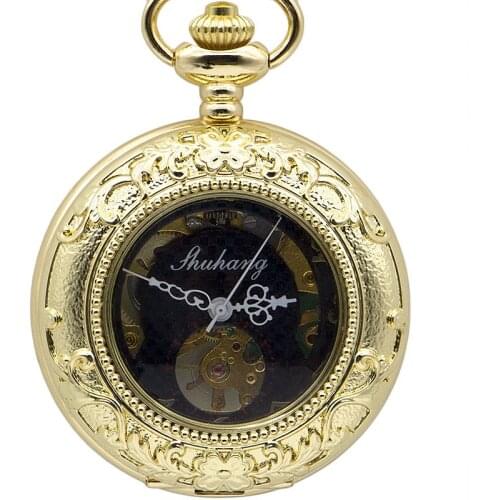 5pcs Luxury Gold Flower Carving Design With Roman Number Dial Skeleton Mechanical Necklace Pocket Watch For Men Women Gifts