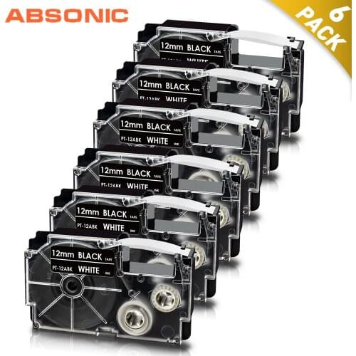 Absonic 6PK White on Black12mm Label Tape for Casio XR-12ABK XR12ABK Printer Ribbon Label Cartridge for Casio KL-60 LabelMaker