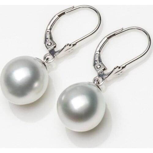 Free Shipping 10-10.4mm White Genuine South Sea Pearl Leverback Drop Earrings 14k White Gold #0207