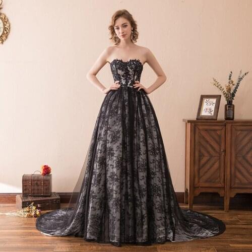 Elegant Black Wedding Dress Sweetheart Nekline Tulle Lace Bridal Gown Floor Length Long Women Wedding Dress