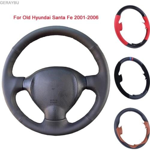 GERAYBU Custom DIY Black Leather Hand-sewn Car Steering Wheel Cover For Old Hyundai Santa Fe 2001-2006 Breathable Wear-resistant