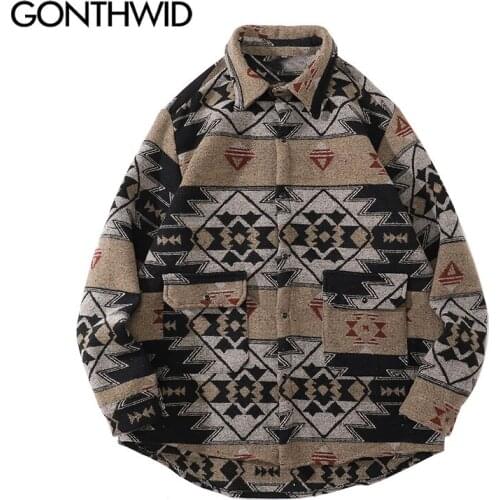GONTHWID Harajuku Streetwear Long Sleeve Thick Shirts Geometry Pattern Color Block Patchwork Casual Loose Hip Hop Fashion Tops