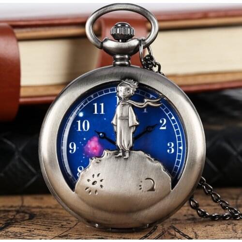 Retro Antique Bronze Little Prince Pocket Watch Vintage Fob Quartz Clock With Chain Necklace Pendant Gifts For Children Boy Girl