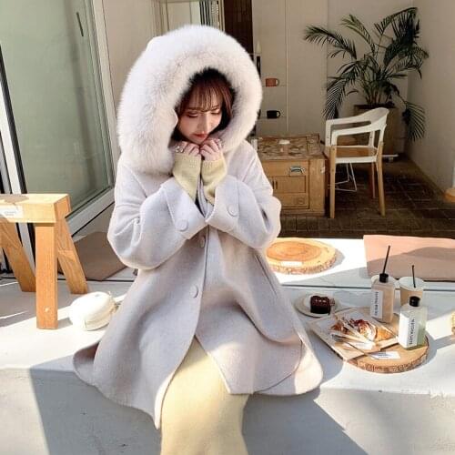 Korean Version of the Sew Double-Faced Woolen Coat Fox Fur Hooded Solid Color Coats For Women Loose Casual Female Overcoats