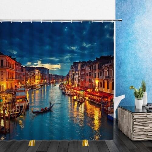 Landscape Shower Curtains City Night Neon Lights Bridge Building 3D Print Bathroom Home Decor Waterproof Polyester Cloth Curtain