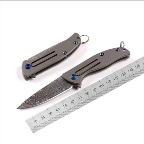 Freewolf Damascus Steel Blade Small EDC Pocket Folding Knife TC4 Titanium Alloy Handle With Key Ring