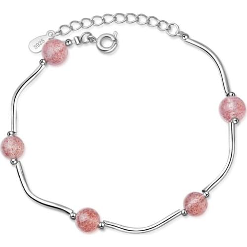 ModaOne Five Natural Strawberry Crystal Lucky Beads Bracelet For Women Best Gift 925 Sterling Silver Bracelet Bangles