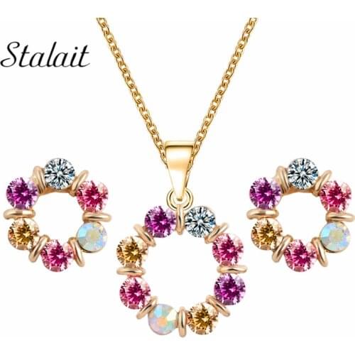 Fashion Jewelry Gold Color Colorful Wreath Round Pendant Necklace Earring AB Color Crystal Jewelry Set For Girls Dress