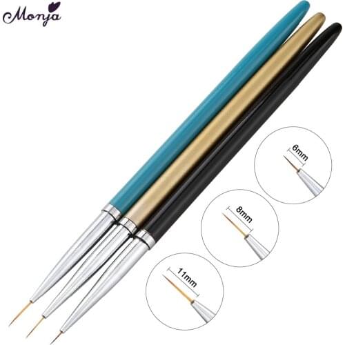 Monja 3pcs 6/8/11mm Nail Art Metal French Stripes Lines Flower Painting Drawing Liner Brush Pen Manicure Tools Kit