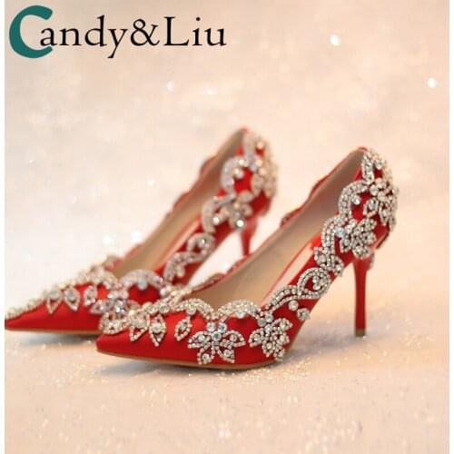 2020 Red New Bridal High Heels Crystal Wedding Shoes Thin Heeled Pointed Toe Shallow Mouth Ins Womens Shoes Semi-High