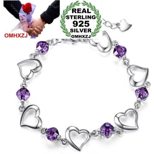 OMHXZJ Wholesale Fashion Present High Quality Amethyst 925 Sterling Silver purple Cherish love Gift Women Bracelets Bangles SZ34