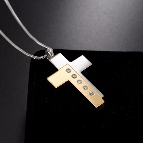 IJD10045 Stainless Steel Two Tone Cross Crystal Cremation Pendant Keepsake Necklace Ashes Holder Urn Pet/Human Memorial Jewelry