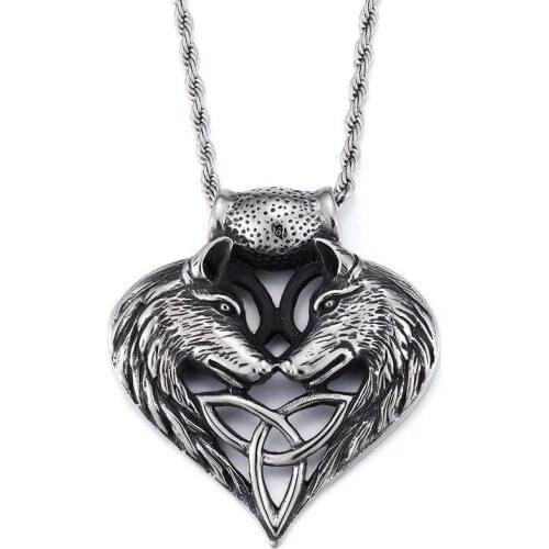 Retro domineering double wolf head titanium steel pendant rock punk wolf head pendant accessories wholesale