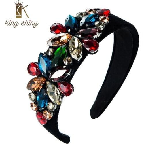 King Shiny Gorgeous Baroque Multi Color Crystal Headband Luxury Geometric Gem Diamond Beaded Wide-brimmed Hairband Girls Jewelry