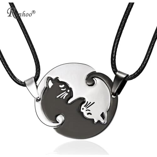 RINHOO Couples Cat Necklaces Black White Couple Lovers Gift Jewelry For Women Men Titanium Steel Animal Cats Pendants Necklace