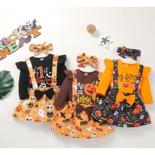 Bobora Toddler Baby Girls Halloween Christmas Outfits Suspender Skirt Set Ruffle Long Sleeve Tops T-Shirts Overall Dress
