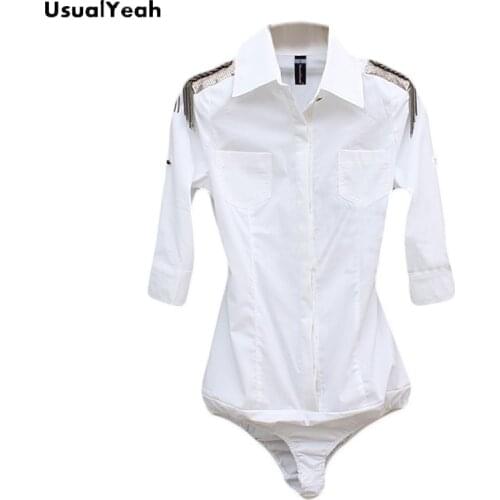 UsualYeah Women New Body Shirt Sequined Tassel Summer Fashion OL Short Sleeve Body Blouses Shirt Solid White S-XL