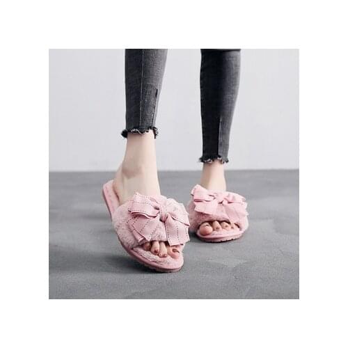 Dropshipping 2020 New Slides Women Sandals Mules Cozy Home Slippers with bowtie Women Flip Flops Slip on Plus Size 40
