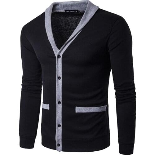 Spring and autumn new mens urban fashion neckline V-neck placket double pocket colorblock cardigan sweater