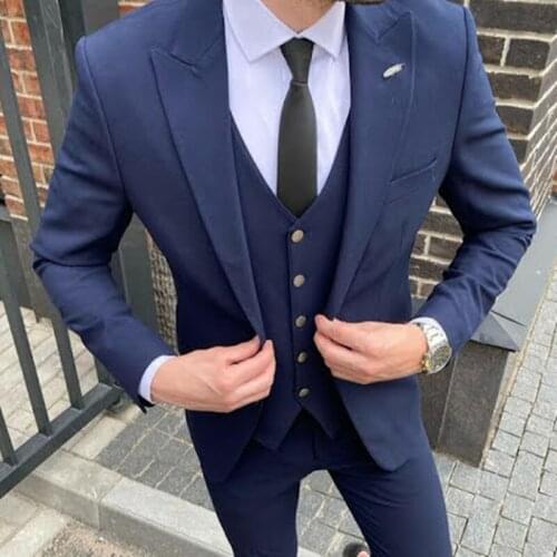 Spring New Custom Fashion Bule Men Suits Slim Fit Tuxedos Wedding Dress Dinner Party Male Clothing (Jacket + Pants + Vest)