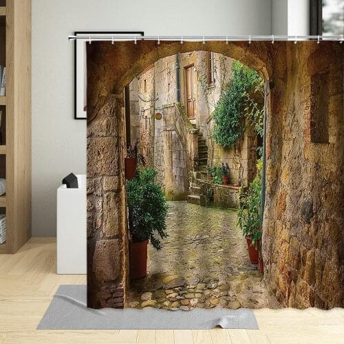 Scenery Decor Shower Curtain Landscape Another Door Antique Stone Village Bathroom Waterproof Fabric Bath Curtains With Hooks