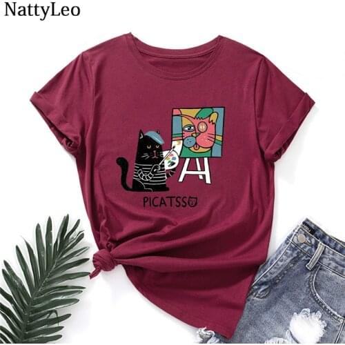 S-5XL Summer Women Shirt Art Cats Print TShirt 100%Cotton Women T-Shirt O Neck Short Sleeve Tees Kawaii Tops Graphic T Shirts