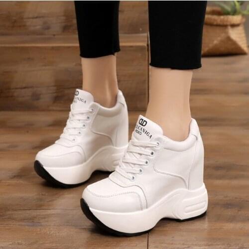 2019 Women Spring Casual Platform Shoes Fashion High Heels Woman Wedges Sneakers Shoes 11CM Heigh Increasing Outdoor White Shoes