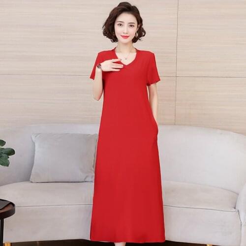 Women New Fashion Elegant Red Dresses Large Size Short Sleeve V-Neck Loose Long Dress Female Vestidos Brand Women Clothing