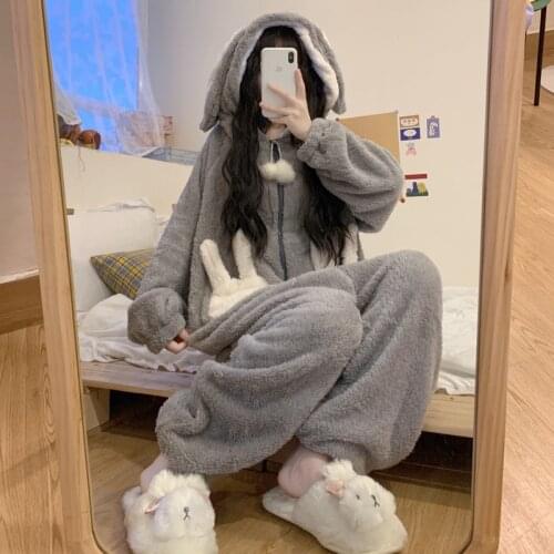 Women Rabbit Onesies Unisex Winter Animal Onesies Girls Nightwear Anime Costumes Adults Flannel Sleepwear Pajamas