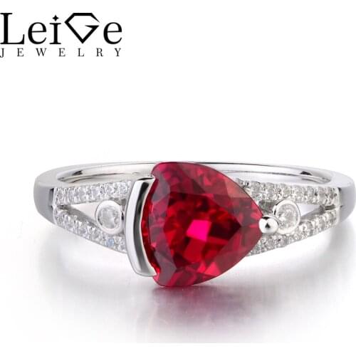 Leige Jewelry Lab Ruby Solid 925 Sterling Silver Ring Red Gemstone July Birthstone Trillion Cut Engagement Rings for Women