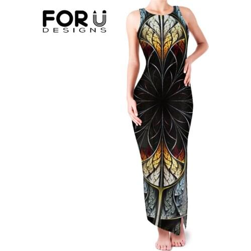 FORUDESIGNS Abstract Flower Print Womens Racerback Dress Summer Sexy Sleeveless Tank Long Dresses for Ladies O-neck Sun Dress