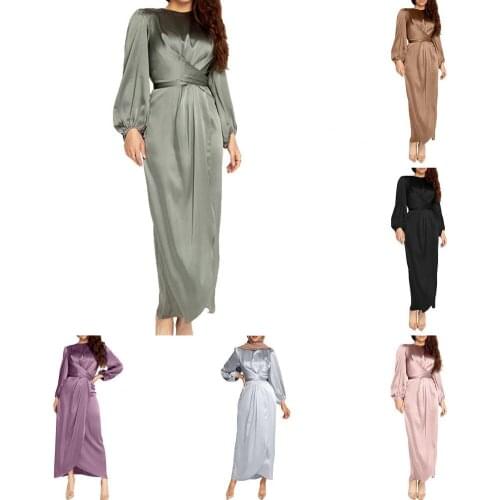 Women Simple Solid Color Loose Satin Wrap Front Irregular Hem Dress for Daily Life