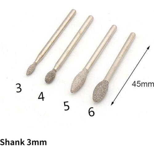 1PCS 3x3mm 3x4 3x5 3x6mm Brazed Diamond Grinding Head Pointed Jade Stone Peeled And Carved Metal Long Olive Shape Burrs Carving